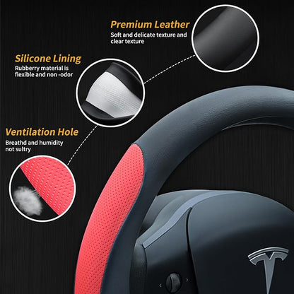 Uxcer Nappa Leather Steering Wheel Cover for Tesla Model 3/Y 2016-2025 2026 Juniper/Highland, Non-Slip Breathable Tesla Model 3/Y Steering Wheel Protector, Red