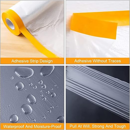 Painters Plastic With Tape, Pre-Taped Masking Film, 10 Rolls Automotive Best Tape and Drape, Paint Adhesive Protective Film Roll for Covering Skirting, Frames, Cars and Auto Body (5 X 65-Feet) (10)
