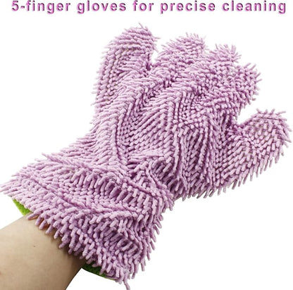 BokWin 2-Pack Car Wash Mitt Scratch Free, 5-Finger Microfiber Wash Mitts, Car Interior Exterior Cleaning Gloves, Auto Chenille Washing Sponge Kits for Cleaning Wheel Tight Spot(Purple)