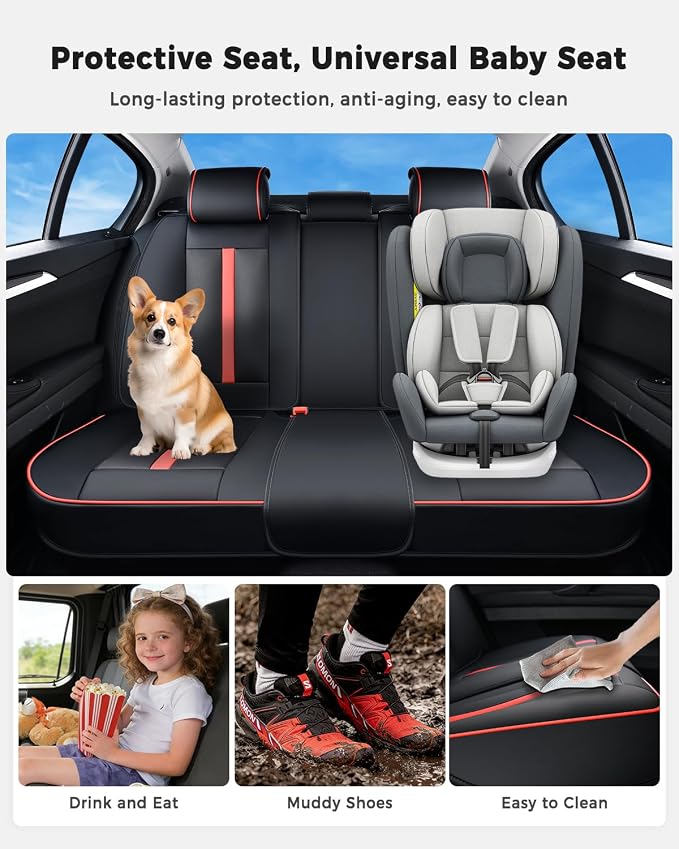 Huidasource Rear seat Cover Luxury Nappa Leather, Back seat Cover with Velcro Adjustable, Ventilation Holes, Seat Belts, Child Seats, Car Cover Seat Universal Fit for Most Cars SUV Trucks, Black＆Red