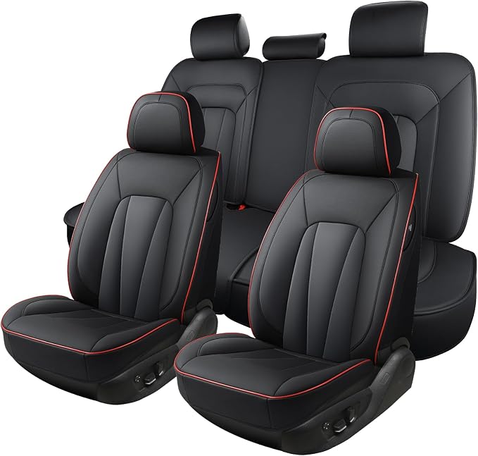 Car Seat Covers Full Set,Waterproof and Breathable Luxury Leather Seat Covers,Non-Slip Driver Seat Cushion,Automotive Seat Protector Fit Toyota Rav4 Camry Corolla Cruze Rogue CRV Accord, Red Black