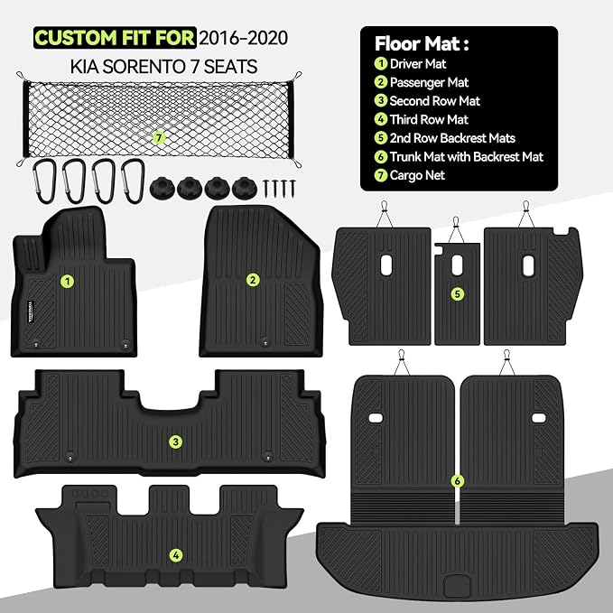 Tongama-Floor Mats for 2016-2020 Kia Sorento 7 Seats, All Weather TPE Floor Liners & 2nd Row Backrest Mats & Trunk Mat with Backrest Mat & Cargo Net for Kia Sorento Waterproof Interior Accessories