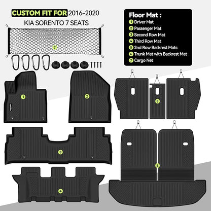 Tongama-Floor Mats for 2016-2020 Kia Sorento 7 Seats, All Weather TPE Floor Liners & 2nd Row Backrest Mats & Trunk Mat with Backrest Mat & Cargo Net for Kia Sorento Waterproof Interior Accessories