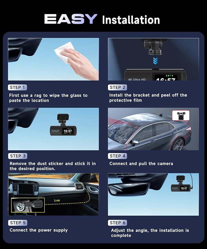 Dash Cam 4K Front and Rear Full HD Dash Camera for Cars, Included 64GB Card, Built-in WiFi, 1.47" IPS ScreenLoop Recording, G-Sensor, Night Vision, Parking Mode