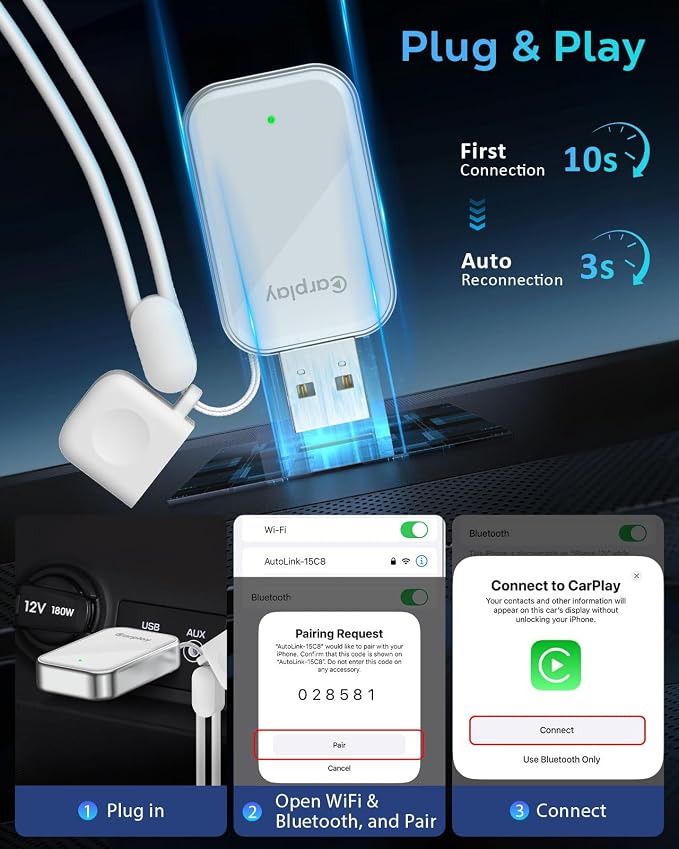Wireless CarPlay Adapter for Apple iPhone - 2025 Wired Car Play to Wireless Dongle, USB-A/C Plug&Play, Stable Bluetooth CarPlay Adapter Only for iPhone iOS 10+ & Cars with Factory Wired Car Play,White