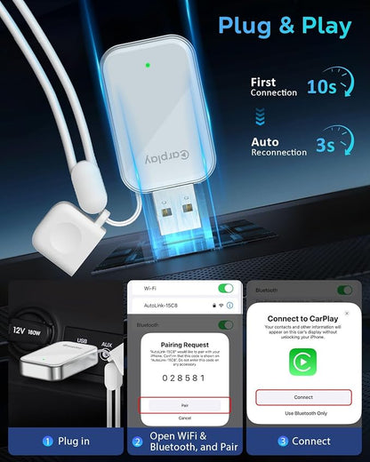 Wireless CarPlay Adapter for Apple iPhone - 2025 Wired Car Play to Wireless Dongle, USB-A/C Plug&Play, Stable Bluetooth CarPlay Adapter Only for iPhone iOS 10+ & Cars with Factory Wired Car Play,White