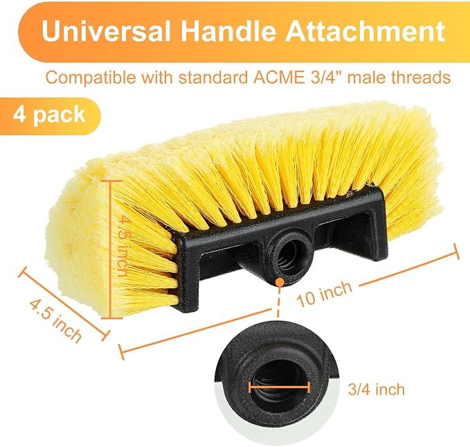 Vesici Car Wash Brush Head with Soft Detailing Bristle Flow Thru Car Cleaning Brush Exterior Car Wash Equipment for Auto Truck RV Boat Camper Washing, 10 Inch(Yellow,4 Pcs)