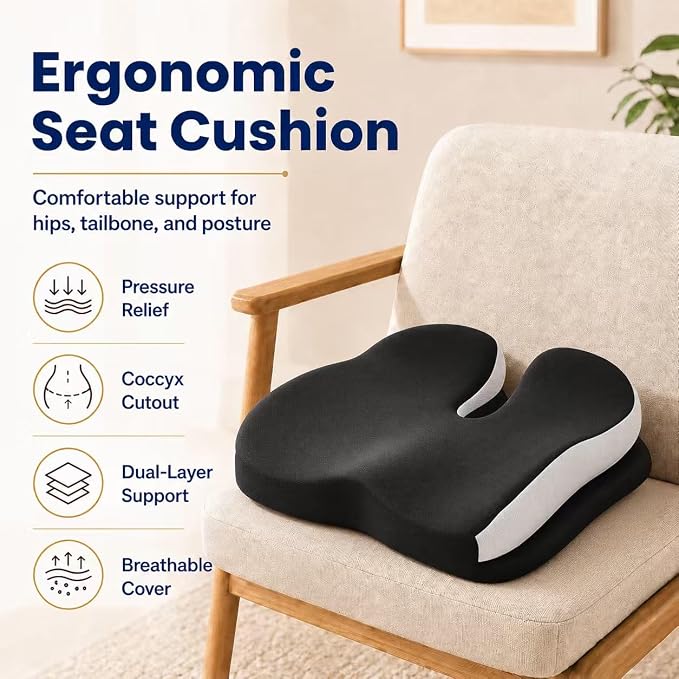 Seat Cushions for Office Chairs Wheelchair Cushion for Long Sitting Back Pain，Memory Foam Seat Car Computer Desk Chair Cushion，Coccyx Cushion for Tailbone Pain Relief Cushion Office Chair Black