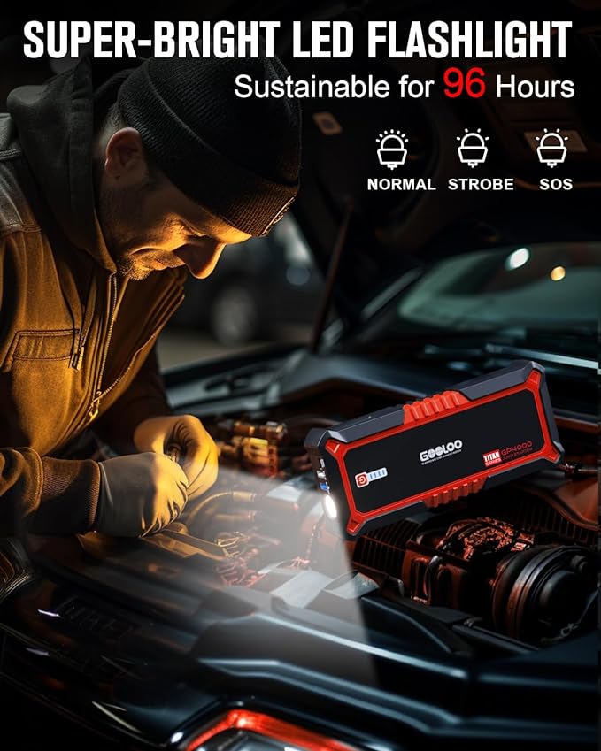 GOOLOO GP4000 4000A Peak Car Battery Jump Starter, Portable Battery Booster for Up to All Gas or 10L Diesel Engine, SuperSafe 12V Lithium Jump Box Power Pack with Jumper Cable,Red