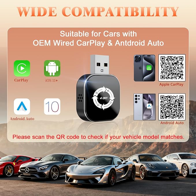 4 in 1 Wireless CarPlay Adapter with Screen Mirroring – Supports Apple CarPlay & Android Auto & AirPlay & MirrorLink, 2026 Upgraded screen mirroring dongle for car, USB-A/USB-C Connection, Plug & Play