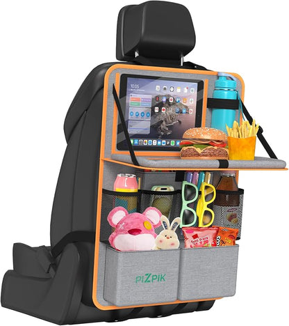 Plzpik Car Backseat Organizer with Tablet Holder,11 Storage Pockets with Foldable Food Tray, Protector Kick Mats for Kids, Travel Accessories Organizer (Orange, 1Pack)