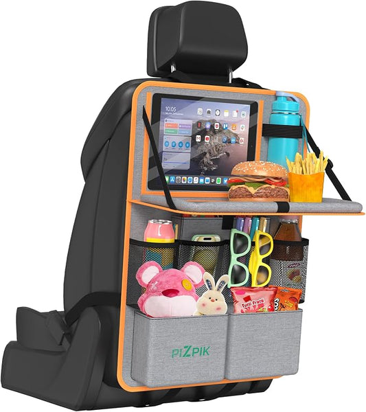 Plzpik Car Backseat Organizer with Tablet Holder,11 Storage Pockets with Foldable Food Tray, Protector Kick Mats for Kids, Travel Accessories Organizer (Orange, 1Pack)