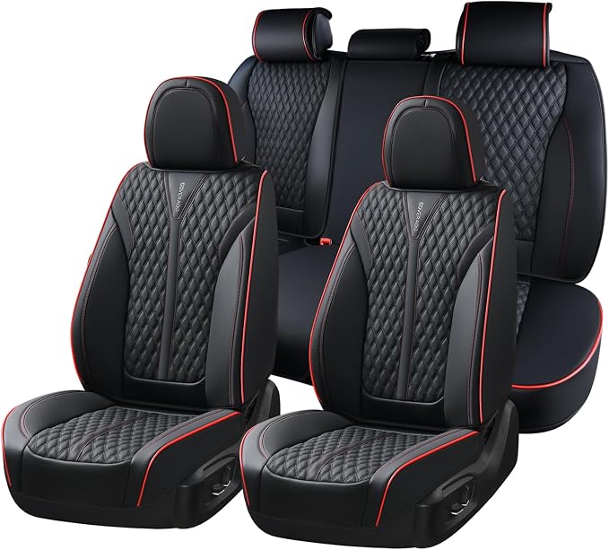 Coverado Car Seat Covers Full Set, Nappa Leather Seat Covers for Cars, Waterproof Front Seat Covers and Back Seat Covers, Car Seat Protector, Car Seat Cover Universal Fit for Most Cars, Black&Red