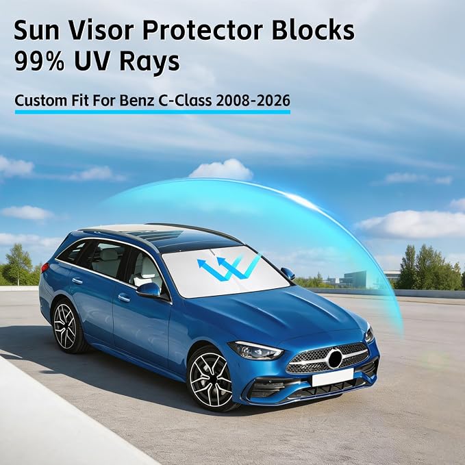 Windshield Sun Shade for Mercedes Benz C-Class W205 C250 C300 C400 2008-2026 Sunshade 300T Windshield Cover Sun Shield Blocks UV Rays Custom Fit Front Window Shade Foldable Keep Cool