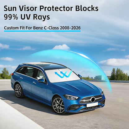 Windshield Sun Shade for Mercedes Benz C-Class W205 C250 C300 C400 2008-2026 Sunshade 300T Windshield Cover Sun Shield Blocks UV Rays Custom Fit Front Window Shade Foldable Keep Cool