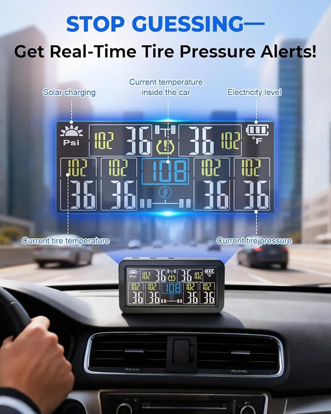 6-Wheel Tire Pressure Monitoring System - TPMS - with 4 Inches LCD Display - 5 Modes Tire Pressure Monitor for RV/Trailer/Truck, Solar & Type-C Dual Charger TPMS Kit