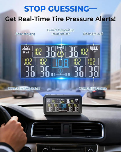 6-Wheel Tire Pressure Monitoring System - TPMS - with 4 Inches LCD Display - 5 Modes Tire Pressure Monitor for RV/Trailer/Truck, Solar & Type-C Dual Charger TPMS Kit