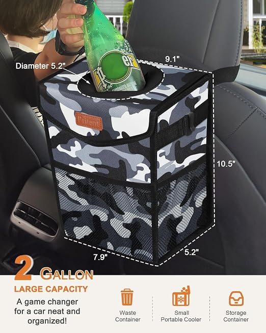 Pritent Car Trash Can with Lid, Cute Leakproof Car Trash Garbage Bag Hanging Vehicle Trash Bin Small Portable Automotive Garbage Cans Organizer for Back/Front Seat/Console(Trapezoid,Camo Grey)