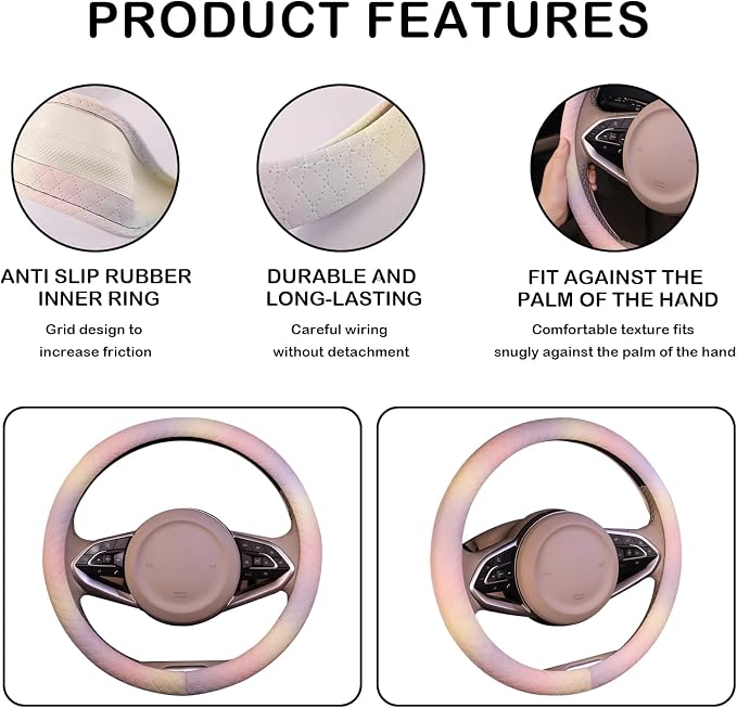 Leather Steering Wheel Cover, Colorful Cute Pink Purple Steering Wheel Cover Non-Slip Breathable Fabric Absorbing Sweat Universal Car Accessories for Women 14.5–15 inch