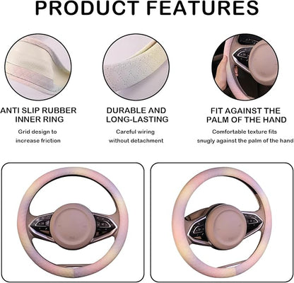 Leather Steering Wheel Cover, Colorful Cute Pink Purple Steering Wheel Cover Non-Slip Breathable Fabric Absorbing Sweat Universal Car Accessories for Women 14.5–15 inch