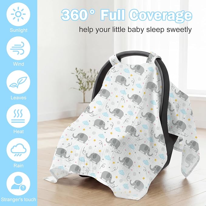 Baby Car Seat Cover - 100% Muslin Cotton Universal Breathable Canopies for Boys and Girls Soft Spring Summer Car Seat Cover Lightweight Infant Car Seat Canopy - Gray Elephants