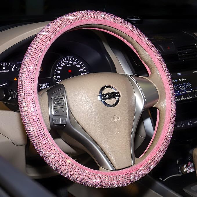 Carwales Pink Bling Steering Wheel Cover for Women Sparkly Rhinestone Bedazzled Car Accessories Diamond Cute 15.5-16 inch for Large Size Steering Wheel