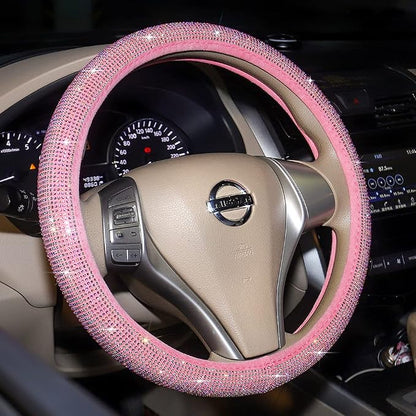 Carwales Pink Bling Steering Wheel Cover for Women Sparkly Rhinestone Bedazzled Car Accessories Diamond Cute 15.5-16 inch for Large Size Steering Wheel