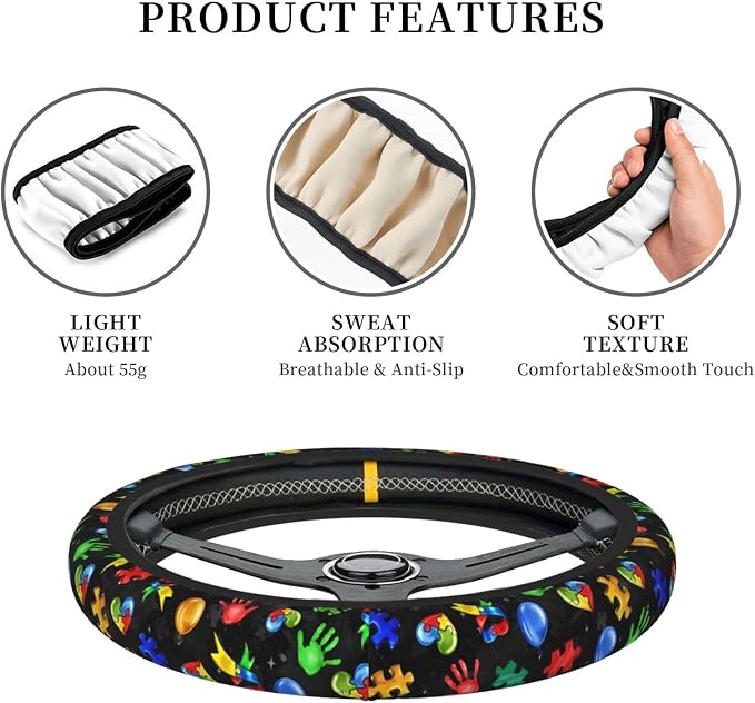 Autism Awareness Steering Wheel Cover Anti-Slip,Sweat Absorption Universal 15 inch Steering Wheel Covers Cute car Accessories for Men Women