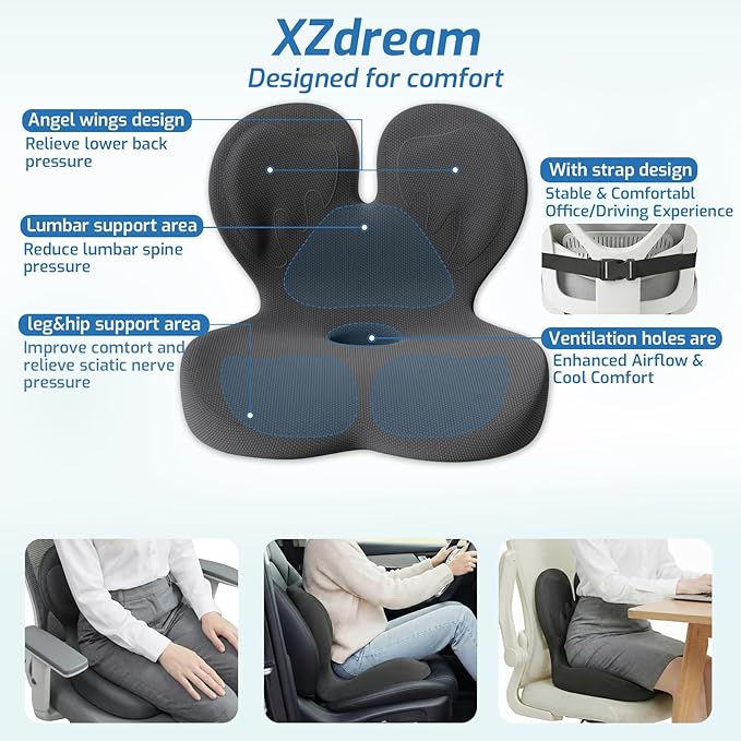 Seat Cushion,Office Chair Cushion with Lumbar Support,Memory Foam Car Orthopedic Cushion,Ergonomic Designed for Long Sitting,Tailbone & Back Pain Relief,Sciatica Pillow for Office,Car,Home Chair