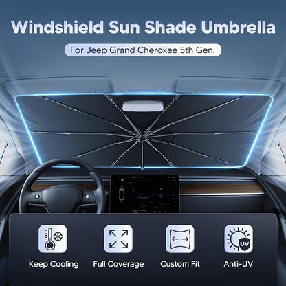 Autorder Windshield Sun Shade Umbrella for 2022-2026 Jeep Grand Cherokee Accessories,Upgraded Ice Crystal Material,Easy Setup Umbrella Sunshade for Car Windshield,100% Sun Blocking