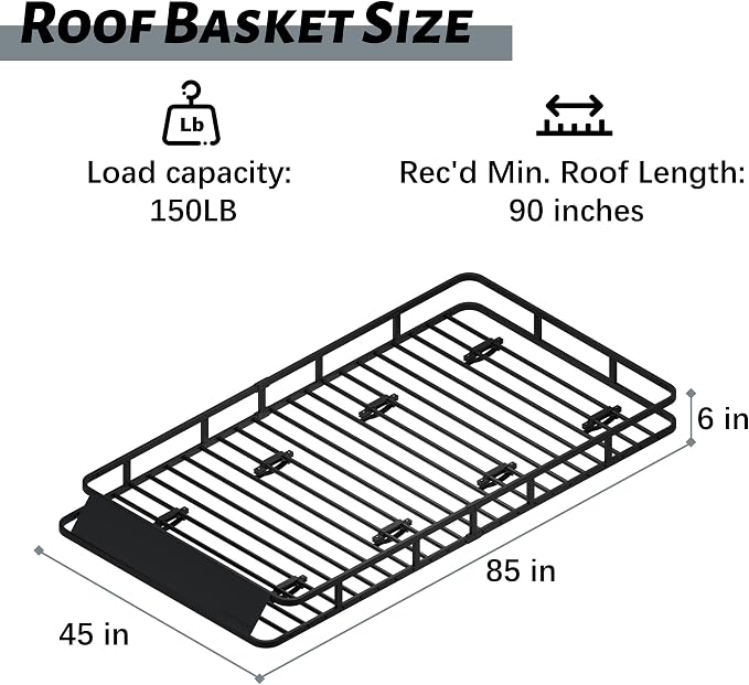 85" x 45" x 6" Universal Roof Rack, Extra Wide Rust-Proof Roof Cargo Basket for SUV, Heavy Duty Steel Rooftop Cargo Carrier, Car Top Luggage Holder 150LBS Capasity, Easy Assembly, Black
