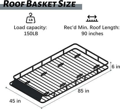 85" x 45" x 6" Universal Roof Rack, Extra Wide Rust-Proof Roof Cargo Basket for SUV, Heavy Duty Steel Rooftop Cargo Carrier, Car Top Luggage Holder 150LBS Capasity, Easy Assembly, Black