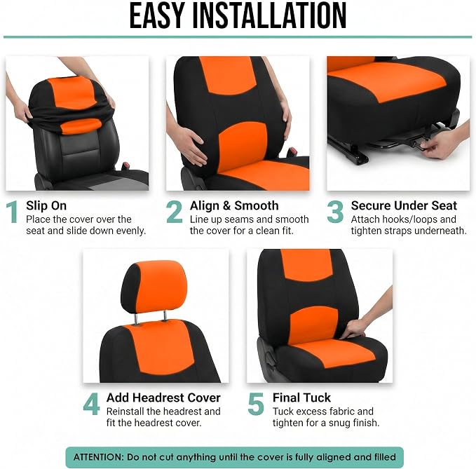 FH Group Bright Flat Cloth Full Set Automotive Seat Covers Front Set and Rear Solid Bench Orange Black Seat Covers w. Gift Universal Fit Interior Accessories for Cars Trucks and SUVs