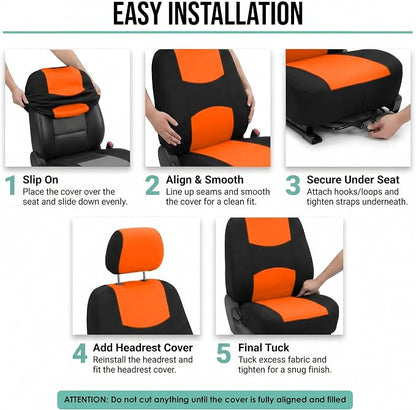 FH Group Bright Flat Cloth Full Set Automotive Seat Covers Front Set and Rear Solid Bench Orange Black Seat Covers w. Gift Universal Fit Interior Accessories for Cars Trucks and SUVs