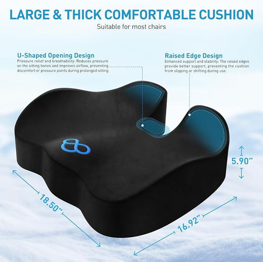 BlissTrends Extra Thick Seat Cushion for Office Chair & Car Seat, Black | Tailbone & Sciatica Relief, Ergonomic Support, High-Density Memory Foam, Comfort for Extended Sitting