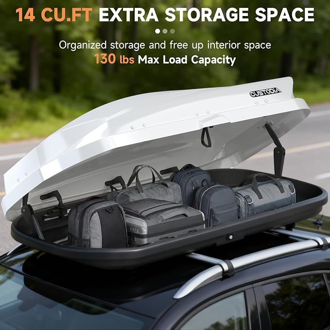 Hard Shell Rooftop Cargo Carrier with Roof Box, Heavy Duty Weatherproof 14 Cubic Feet Rooftop Cargo Carrier for Car Storage, Security Keys, White