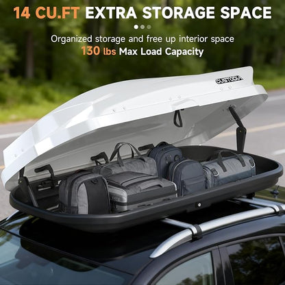 Hard Shell Rooftop Cargo Carrier with Roof Box, Heavy Duty Weatherproof 14 Cubic Feet Rooftop Cargo Carrier for Car Storage, Security Keys, White