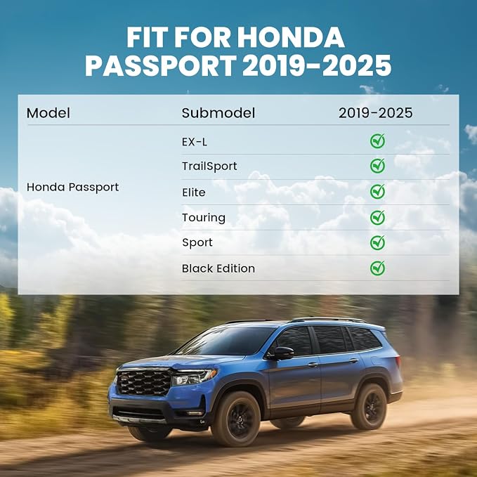 LASFIT Floor Mats & Cargo Mat for Honda Passport 2019-2025, All Weather TPE Custom Fit Car Floor Liner, 1st & 2nd Row & Trunk Mat, Black (EX-L/TrailSport/Elite/Touring/Sport/Black Edition)