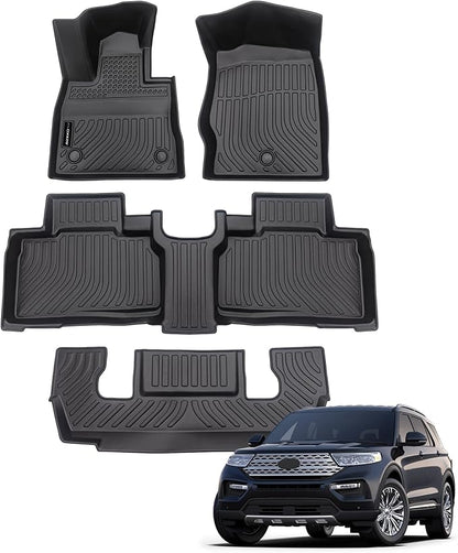 Auxko All Weather Floor Mats Fit for Ford Explorer 2026 2025-2020 6 Seat TPE Rubber Liners Set Explorer Accessories All Season Guard Odorless Anti-Slip 3 Row Floor Mats