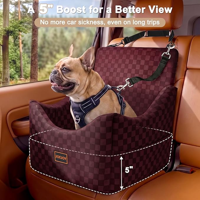 JOEJOY Elevated Dog Car Seat for Small/Medium Dogs up to 36 lbs, Memory Foam Booster Seat with Detachable Washable Cover, Travel-Safe Car Bed with Safety Belts & Storage Pockets, Red