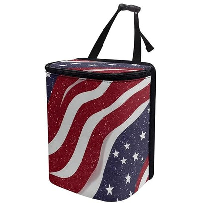 Talayituse American Flag Star Print Car Trash Can with Lid, 4th of July Leak Proof Auto Trash Bag Hanging Vehicle Garbage Can Multipurpose Storage Container for Back Seat Road Trip