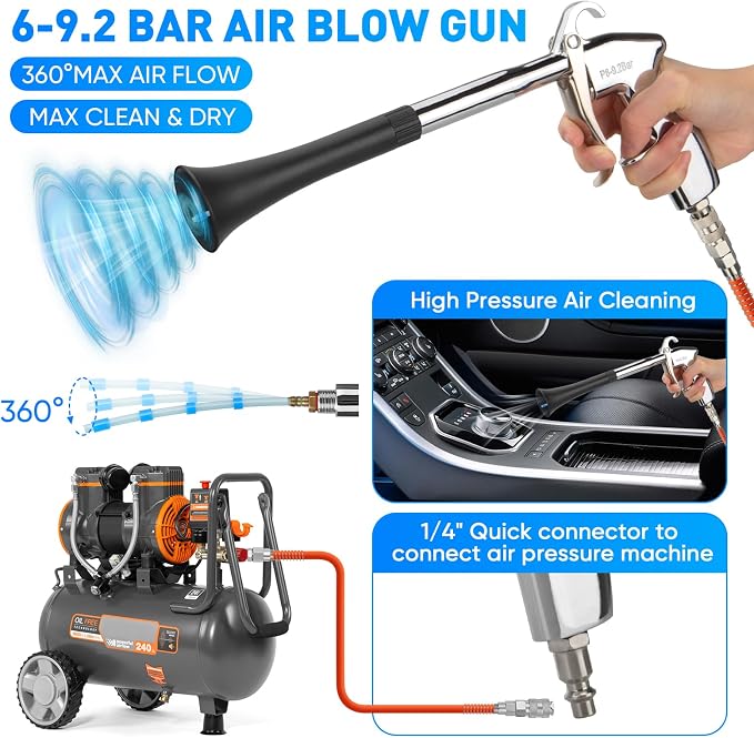MYPIN Car Cleaning Gun, 6-9.2Bar, High Pressure Air Blow Gun with 2 Set Nozzle&Towel, Interior Car Cleaning for Vehicle Upholstery Carpet Seat