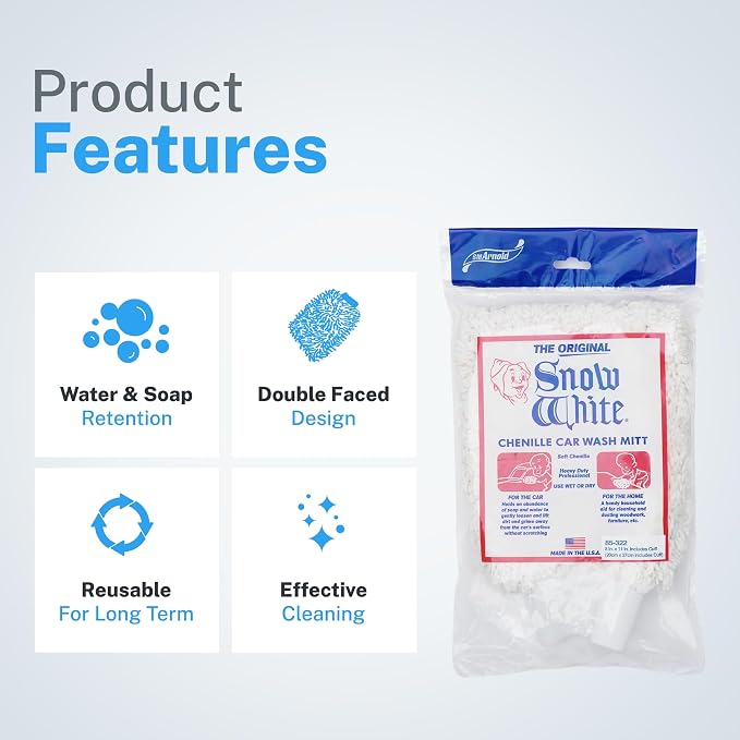 S.M. Arnold Snow White Professional Heavy-Duty Chenille Wash Mitt 8" x 11" - Ultra-Soft, Absorbent, Scratch-Free Car Wash Glove with Cuff, Ideal for Auto Detailing, Car Care, and Home Cleaning