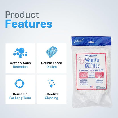 S.M. Arnold Snow White Professional Heavy-Duty Chenille Wash Mitt 8" x 11" - Ultra-Soft, Absorbent, Scratch-Free Car Wash Glove with Cuff, Ideal for Auto Detailing, Car Care, and Home Cleaning