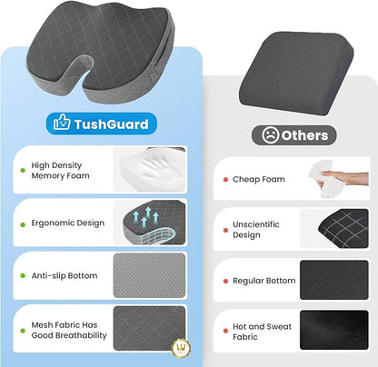 TushGuard Office/Car Seat Cushion, Non-Slip Sciatica & Back Coccyx Tailbone Pain Relief Chair Pad, Memory Foam Butt Pillow for Computer Desk, Wheelchair, Driving (Black&Grey)