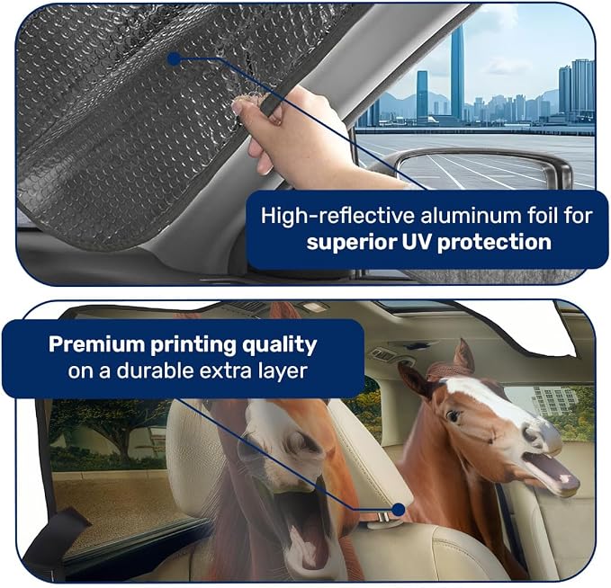 GENANY Horse Windshield Cover for Car SUV Truck (55x30 Inches), Foldable Heat Shield, Shades for Front Windows, Protector Blocks UV, Car Decor