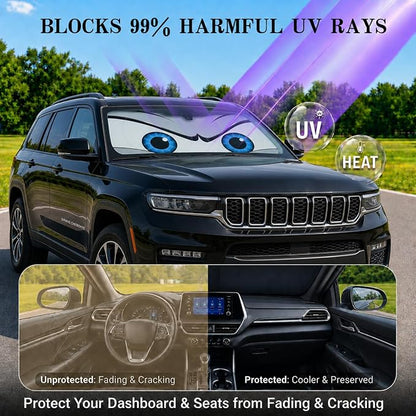 Car Windshield Sun Shade, Funny Eyes Car Sun Shade, Windshield Cover Universal Fits Crossover Mid-Large Sedan SUV Family Vehicle,UV Heat Protection - 63 x 31.5