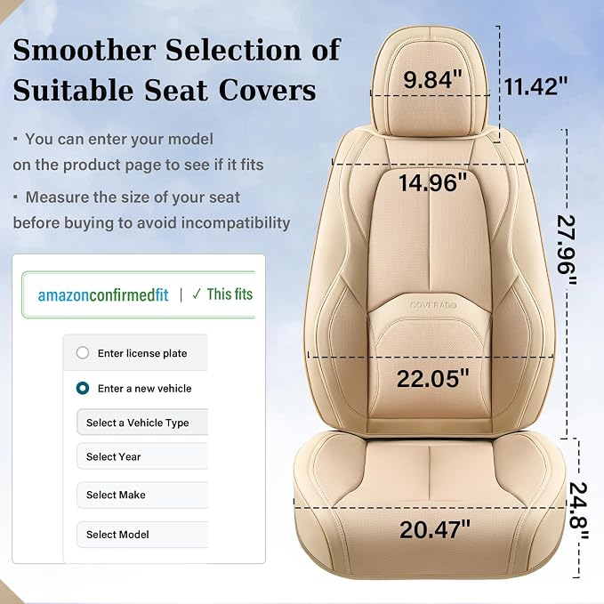 Coverado Seat Covers, Leather Seat Covers Front Seat, Luxury Car Seat Covers with Lumbar Support, Front Driver Seat Covers, Car Seat Protector Waterproof Universal Fit Most Cars(Beige)