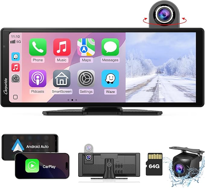 Carpuride Wireless Carplay & Android Auto with Dash Cam - 10.26 Inch HD IPS Touch Car Play Screen for Car, 4K Front & 1080P Rear Camera, Loop Recording, Bluetooth Audio, Mirror Link, GPS