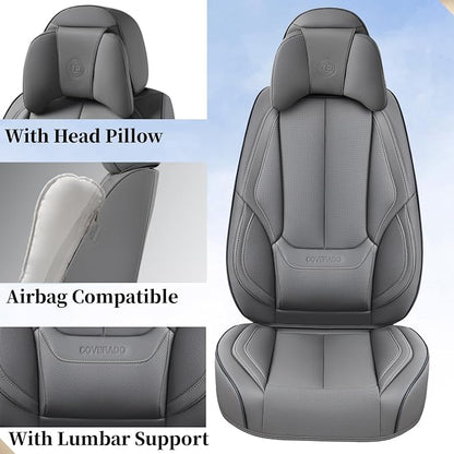 Coverado Universal Seat Covers Full Set, 5 Seats Universal Seat Covers for Cars, Waterproof Nappa Leather Car Seat Covers with Head Pillow, Auto Protectors Fit for Most Sedans SUV Pick-up Truck-Gray